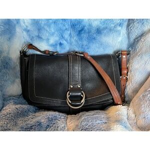 Vintage Coach Soho Flap Shoulder Bag Black Pebbled Leather Ring Buckle